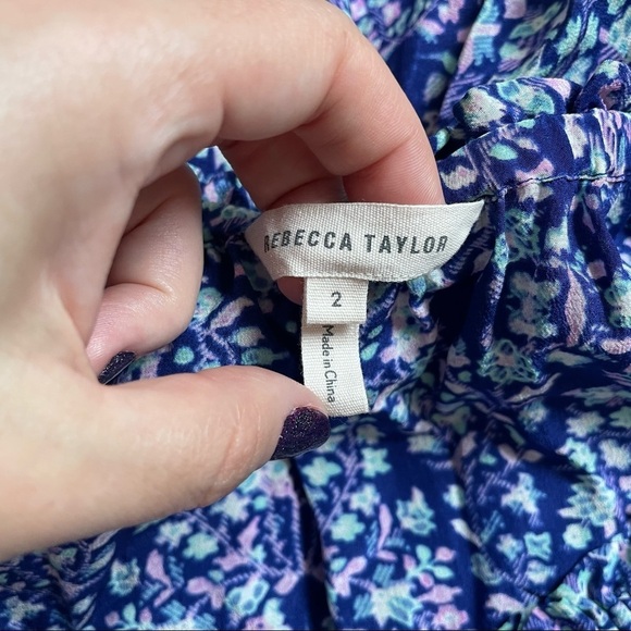 Rebecca Taylor Indigo Combo Floral Paisley-Print Silk Off the Shoulder Blouse 2 - Picture 8 of 11
